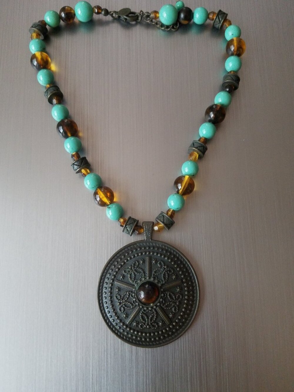 Heavy Bronze Medallion Amber, Turquoise & Bronze Bead Tribal Boho Y2K Necklace